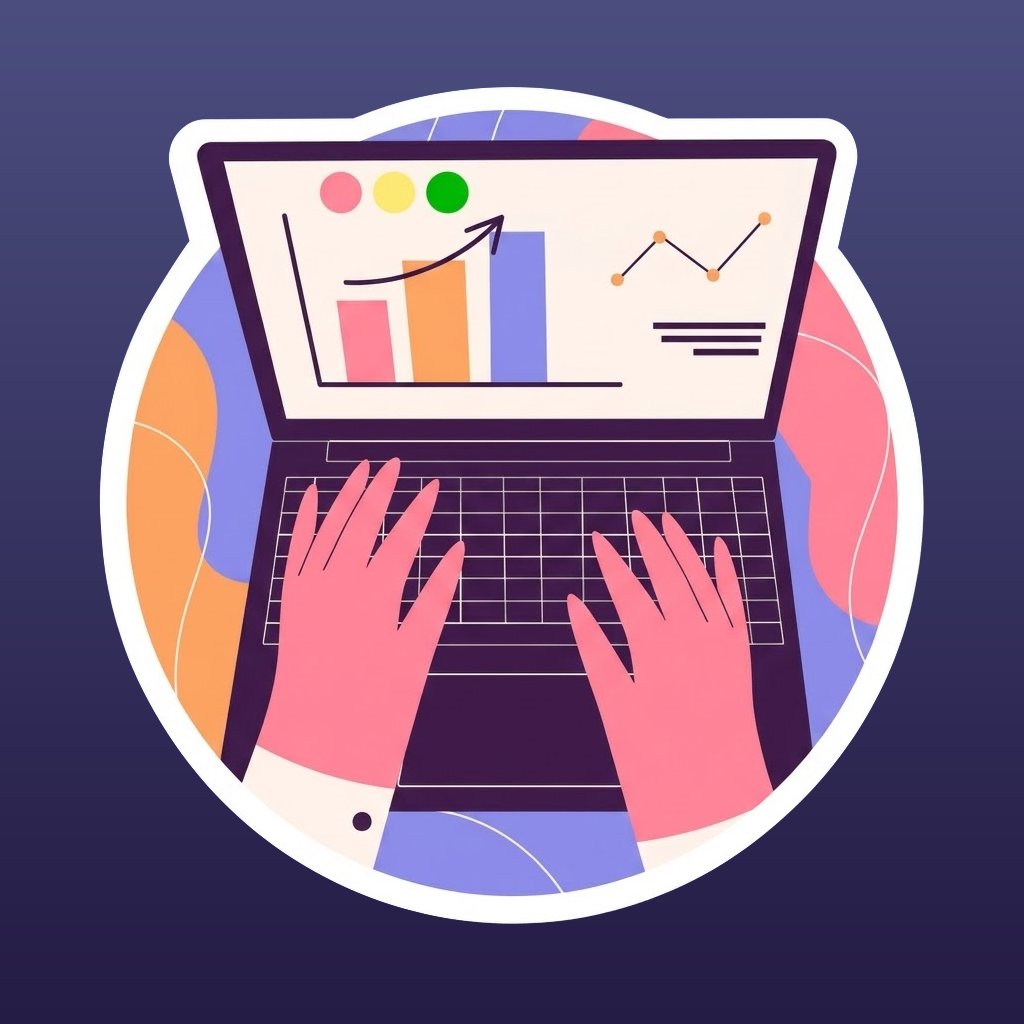 A stylized illustration of hands using a laptop while viewing a spreadsheet, in bold purples, pinks, and oranges.